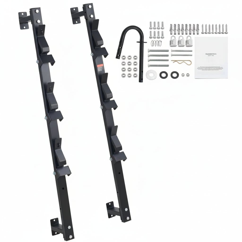 SucceBuy 3-position vertical wall mount rack for weed trimmers, featuring a locking hook for secure storage on trailers.