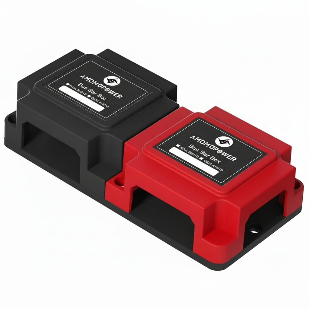 Heavy Duty 600A 48V Bus Bar Power Distribution Block with four M10 studs for secure electrical connections in a durable black enclosure.