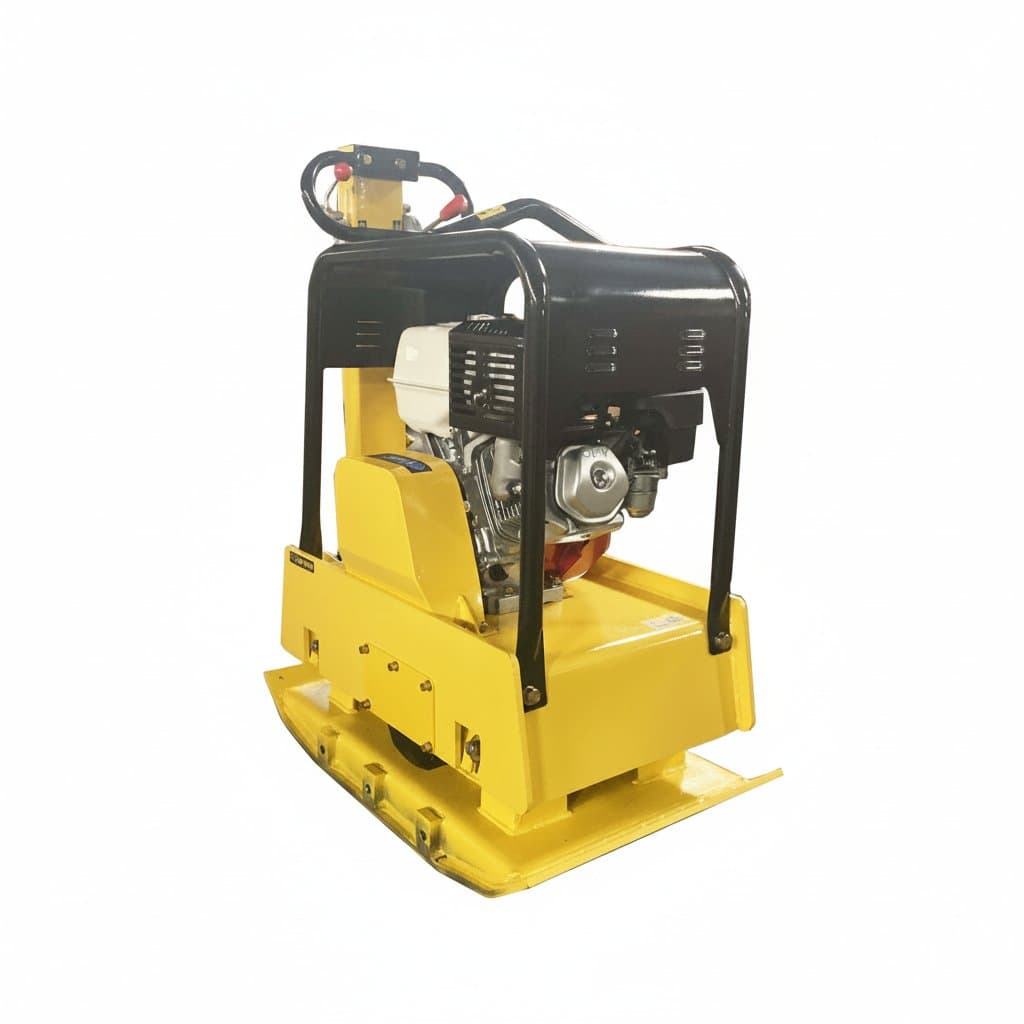 Small hydraulic vibrating plate compactor with reversible operation, available in diesel models for stone and soil compaction projects.