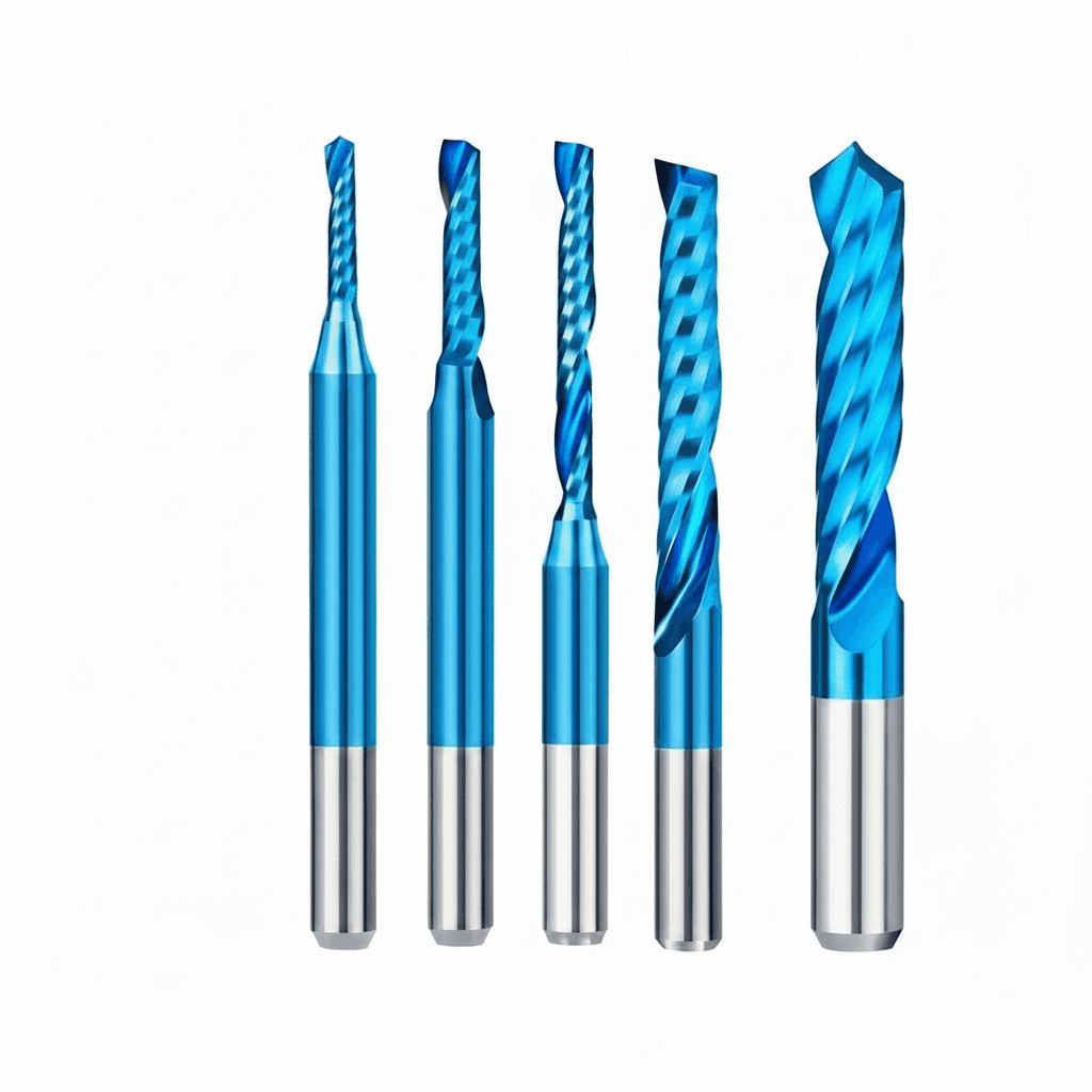 Carbide up cut router bit with single flute design for woodworking applications, available in multiple diameters.