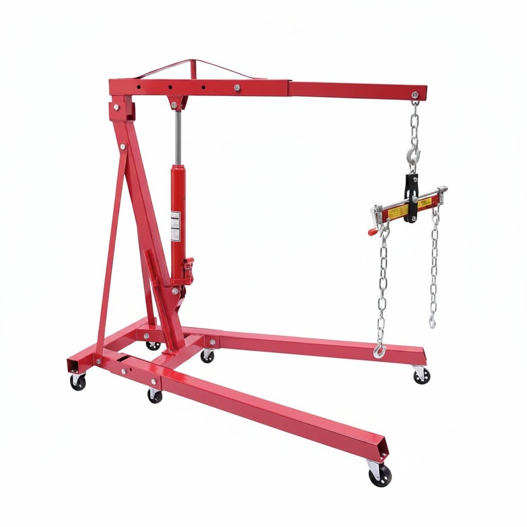 2 Ton Hydraulic Engine Hoist with lever, a foldable cherry picker shop crane featuring an adjustable crane leveler for stable lifting.