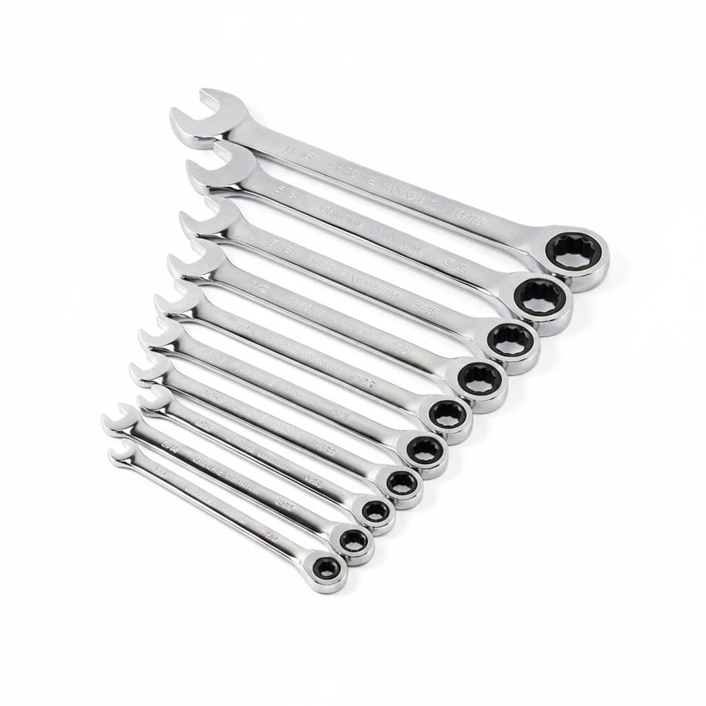 A 72-tooth spark plug torque wrench set with a mirror-polished finish, ranging from 1/4 to 11/16 inches.