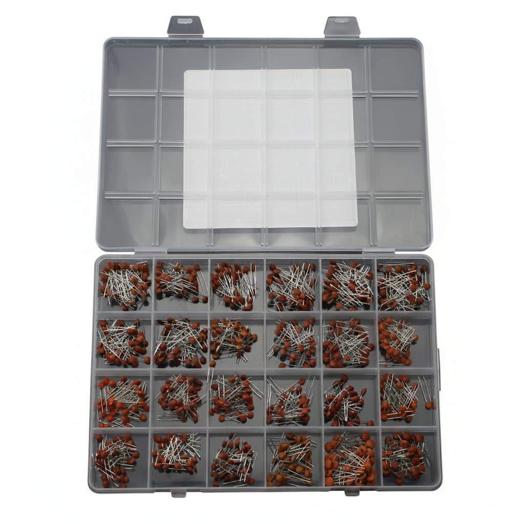 Assortment kit of DIP and SMD aluminum electrolytic capacitors with values from 0.1uF to 2200uF and voltage ratings 16V to 50V.