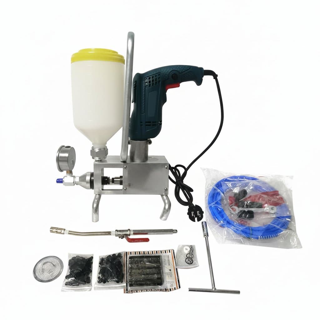 A 910W epoxy injection pump with steel hose for high-quality polyurethane foam grouting and concrete crack repair.