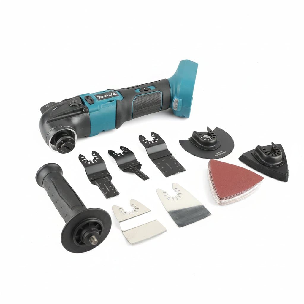 Makita 18V LXT Brushless Oscillating Multi-Tool with quick-release system, shown with wood cutting and sanding accessories.
