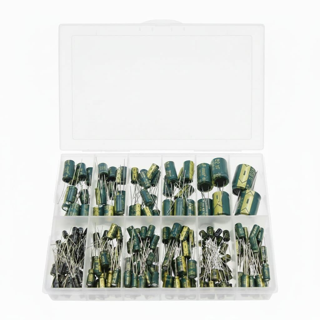 DIP aluminum electrolytic capacitor assortment with values from 10V to 100V and 10uF to 4700uF, showing radial leads and blue sleeve.