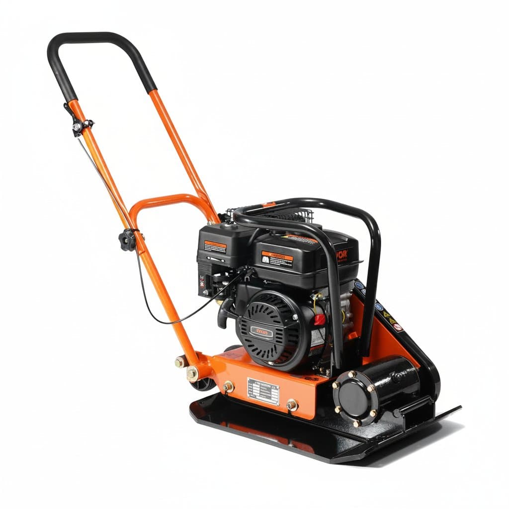 6.5 HP gas-powered plate compactor delivering 5200 VPM and 4200 lbs of force for heavy-duty soil and asphalt compaction.