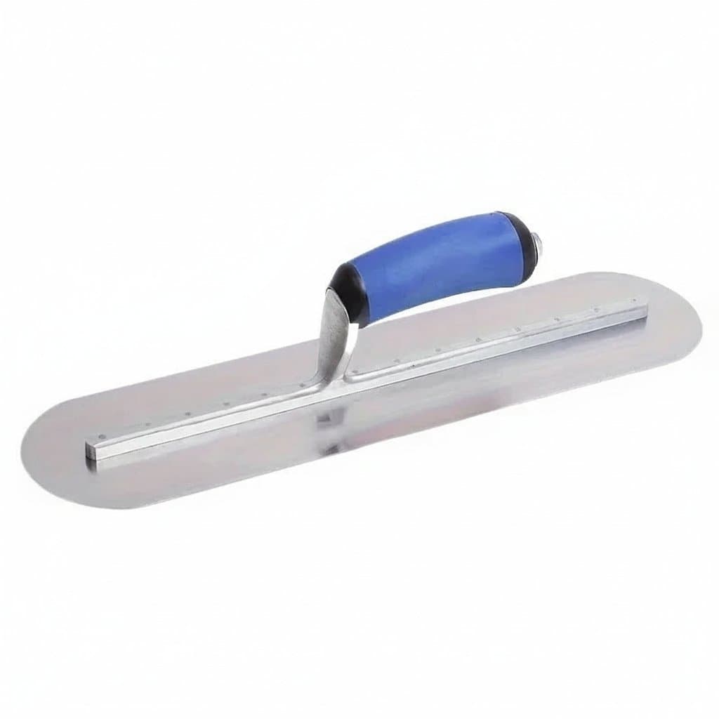 Stainless steel plaster trowel with a durable plastic handle, ideal for concrete finishing and putty application on construction projects.
