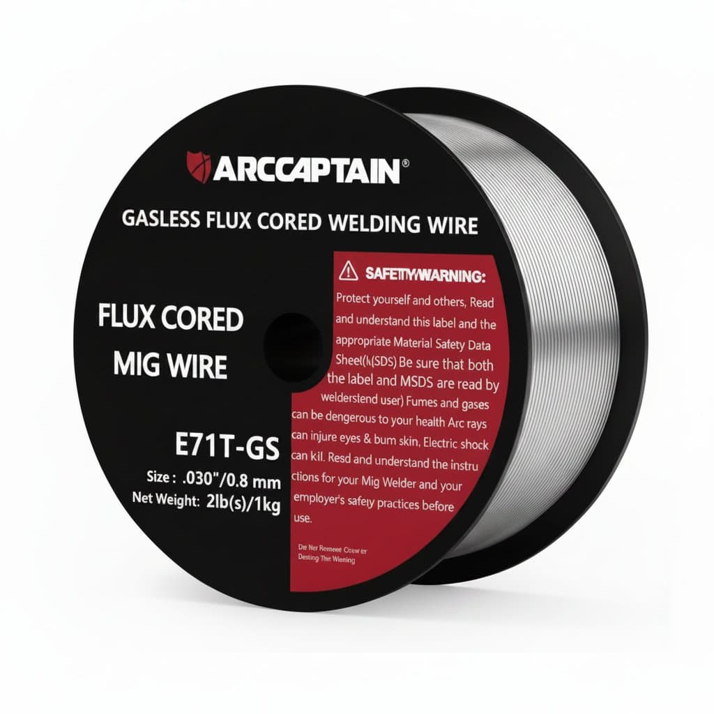 ARCCAPTAIN gasless flux-cored welding wire, 1kg roll of 0.8mm E71T-GS wire for MIG welding machines on a workbench.