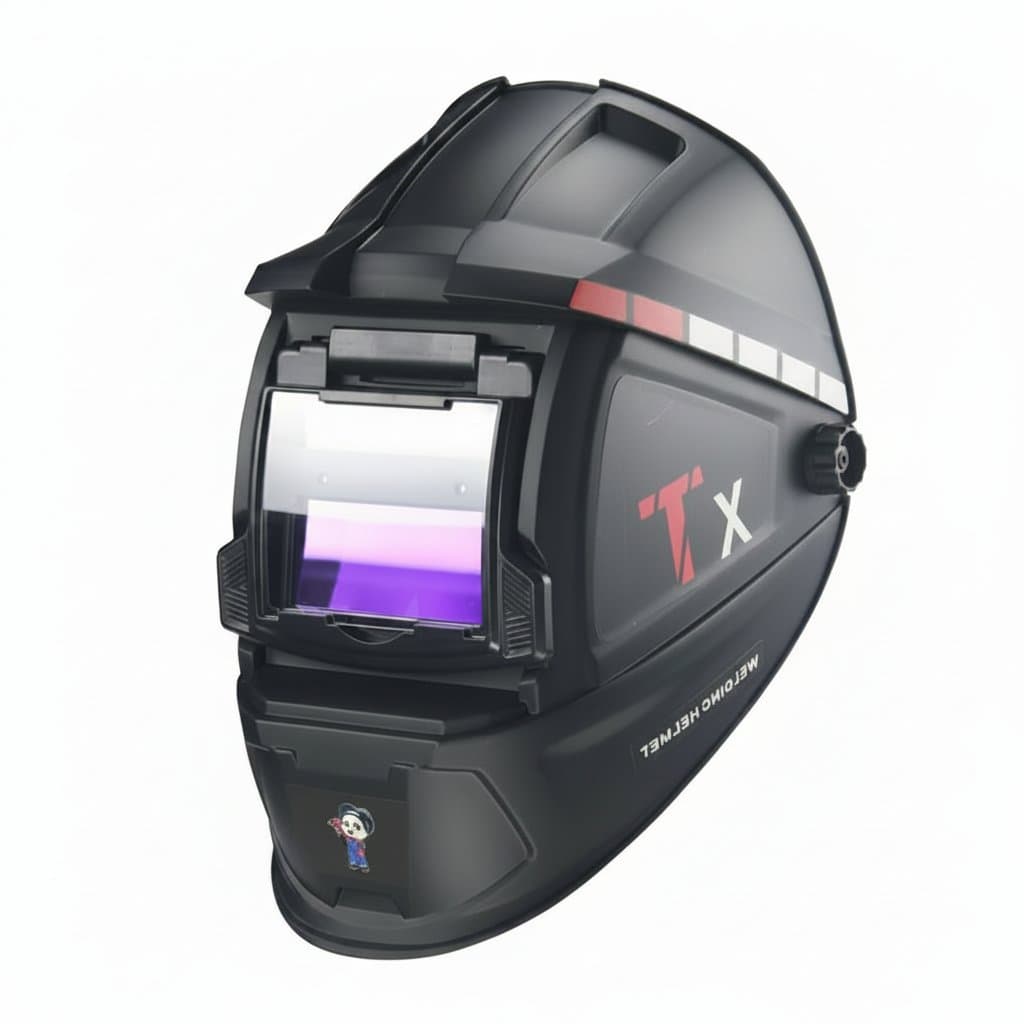 Solar-powered auto-darkening welding helmet with variable light adjustment and a large true color viewing lens for arc welding.