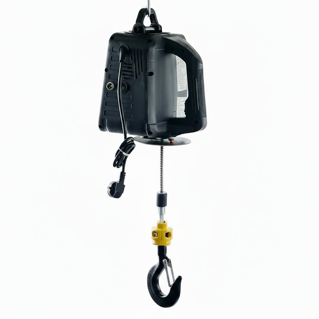 500Kg portable electric crane hoist for lifting cars, cargo, and workshop materials with a durable steel frame and remote control.