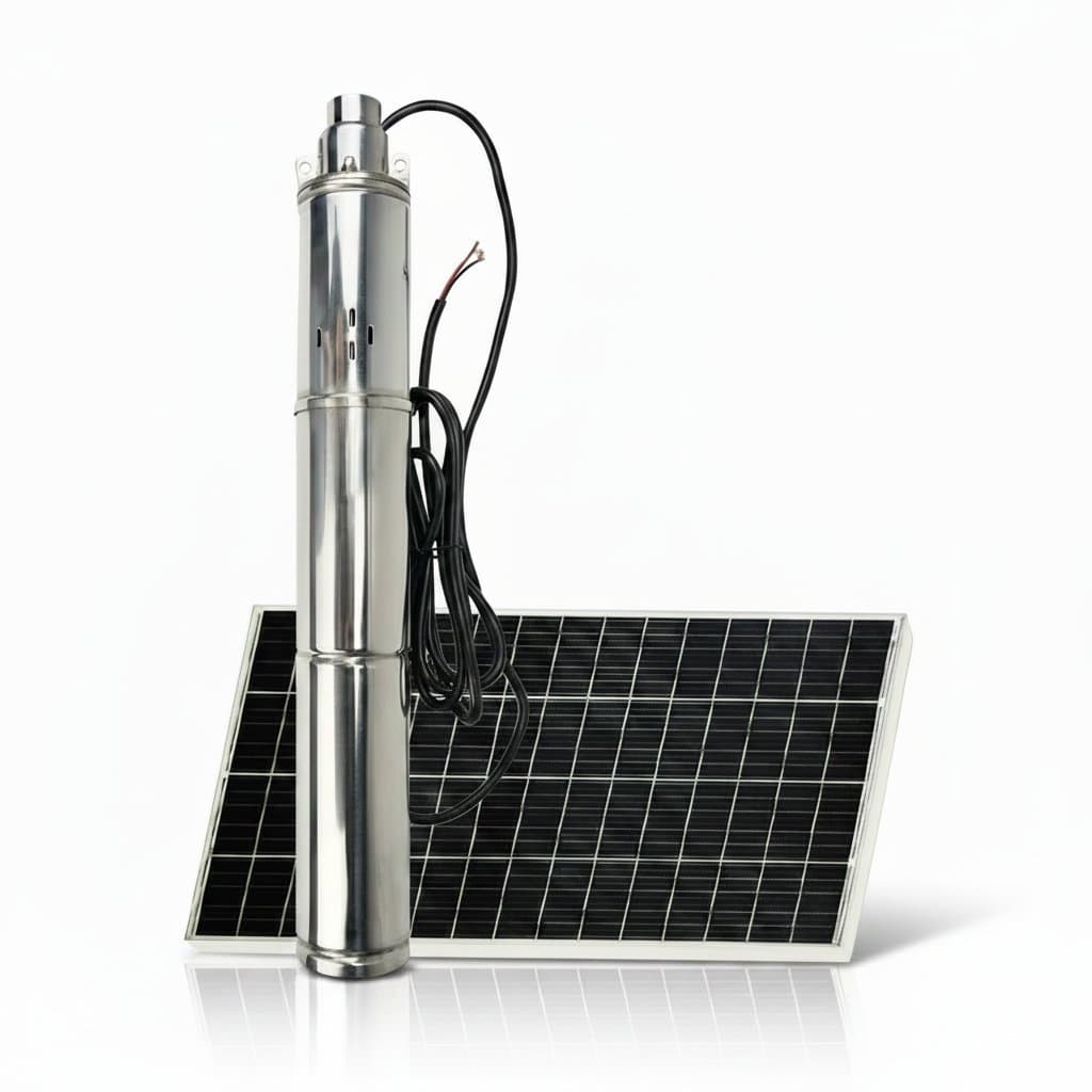 Deep well submersible pump with built-in controller, solar-powered, available in 750W, 370W, and 150W models for 12V-72V systems, designed for agricultural use.