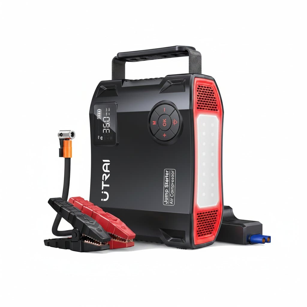 A UTRAI 4-in-1 2000A jump starter power bank with a 150PSI air compressor, acting as a remote car starter.