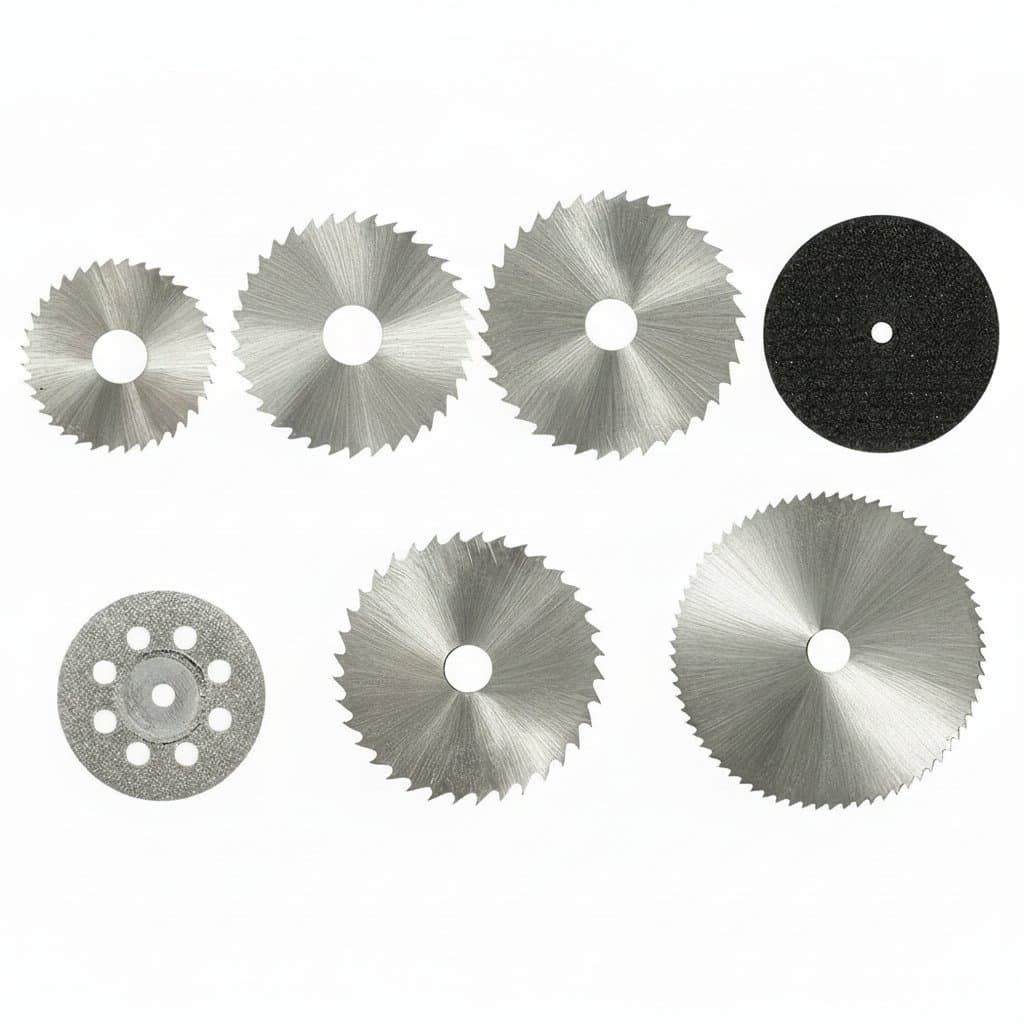 6-32 piece mini circular saw blade set for Dremel rotary tools, featuring sanding, grinding, and metal cutting discs on a display card.