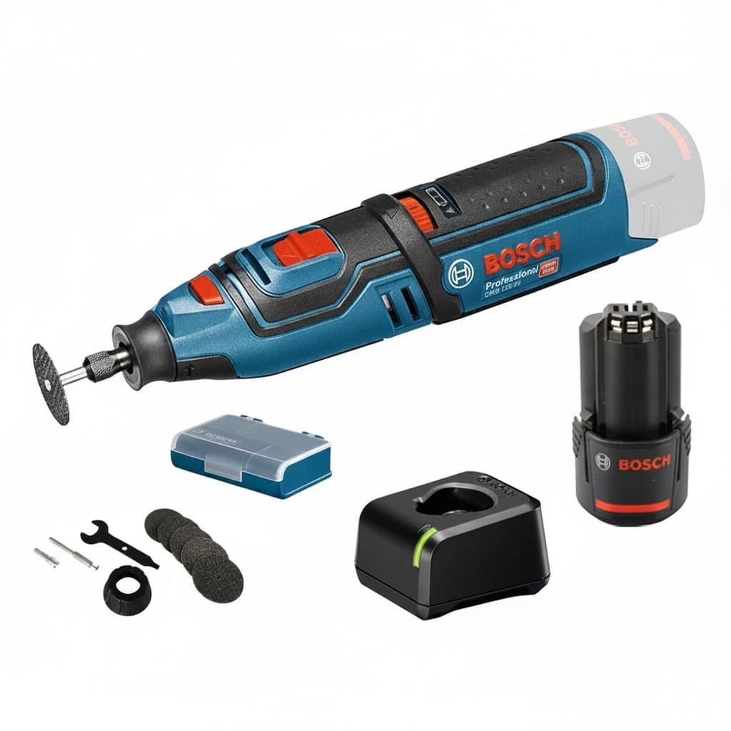 Bosch GRO 12V-35 cordless multi-purpose rotary tool for engraving, sanding, polishing, and drilling, shown with accessories.