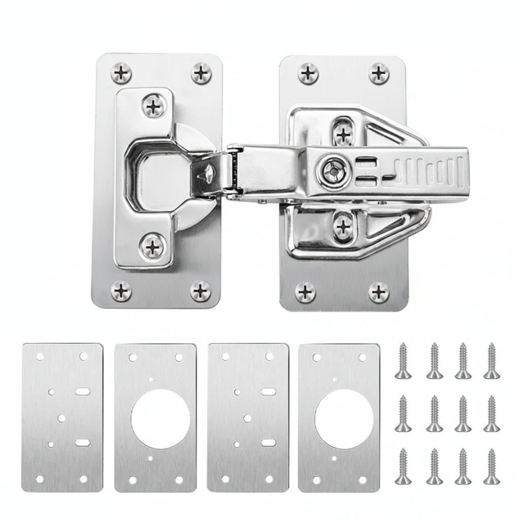 Stainless steel cabinet hinge repair plate kit for reinforcing and fixing loose hinge mounting points.