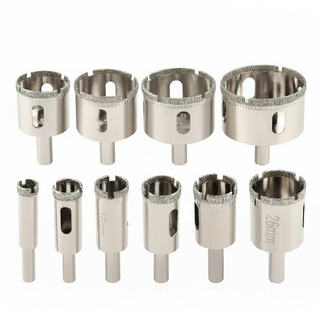 Diamond-coated glass hole saw drill bit for tile, marble, and granite, 3-100mm size range, for use with electric power tools.