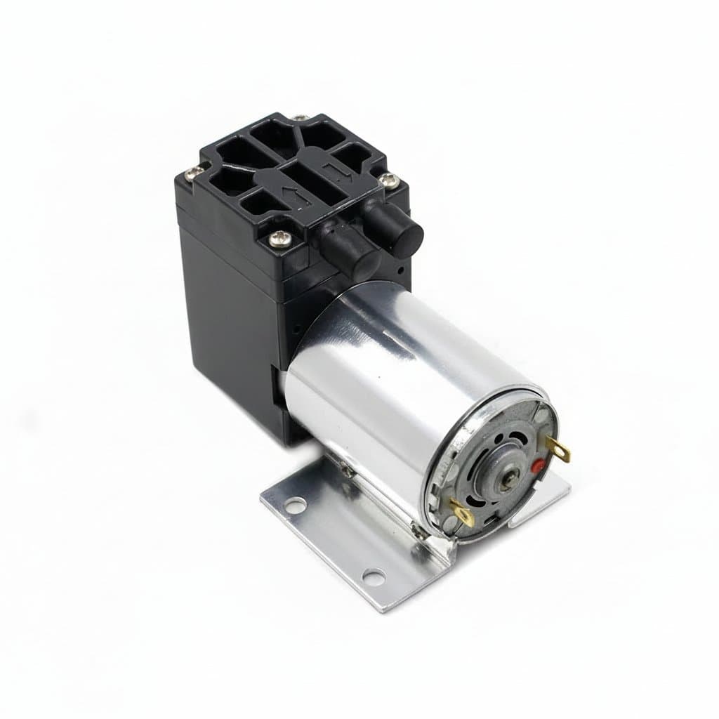 High negative pressure diaphragm suction pump with holder, 65kPa vacuum, DC 12V operation for laboratory, medical, or mini compressor uses.