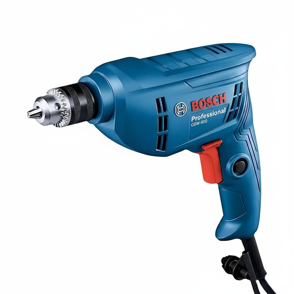 Bosch GBM 400/400KL 400-watt electric drill with adjustable speed, rotary impact function, and keyless chuck for drilling wood and metal.