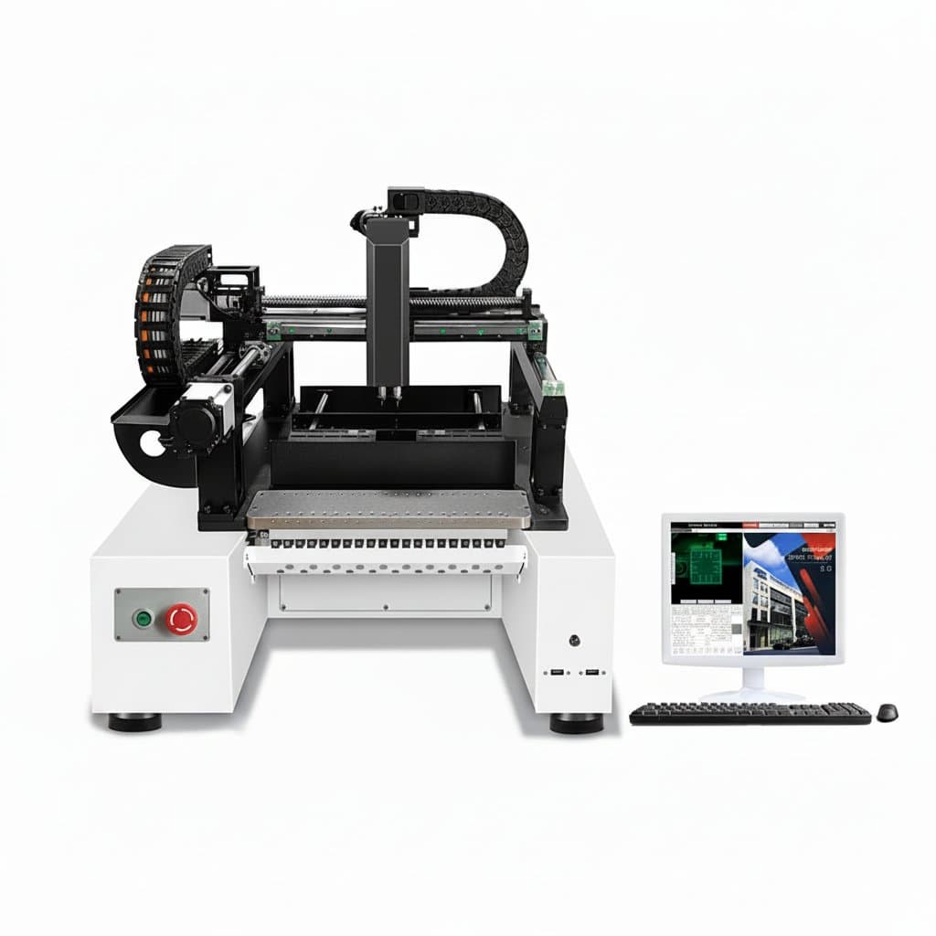 Full automatic SMT pick and place machine with 2 heads for SMD PCB assembly, suitable for LED production lines.