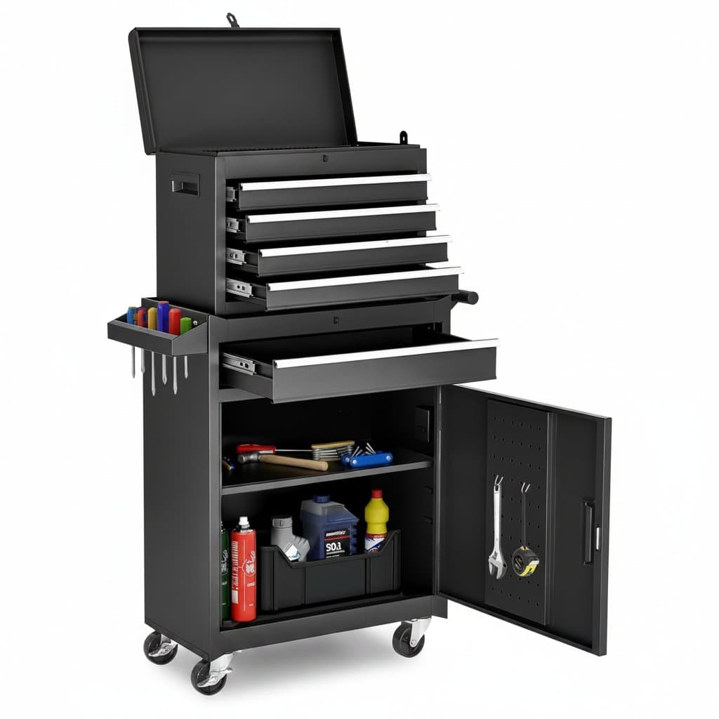 Tool Storage Cabinet | Detachable Top Box & Metal Cart | Garage Workshop Organizer