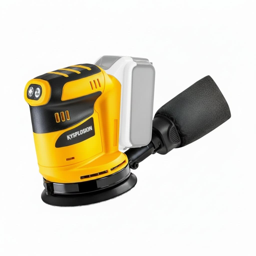 125mm cordless orbital sander compatible with Dewalt 20V batteries, for metal polishing and wood sanding.