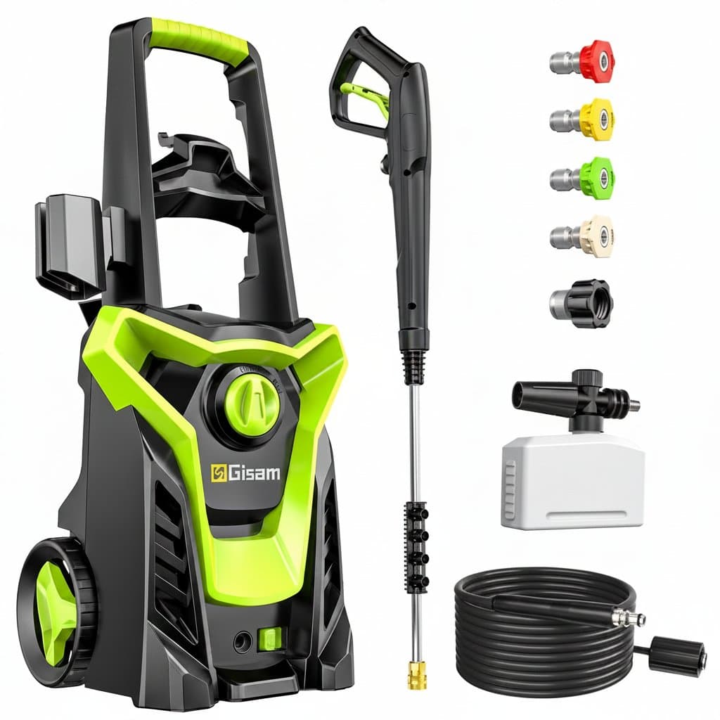 Gisam 4800 PSI electric pressure washer gun with 1800W motor, 180-degree adjustable nozzle for car and garden washing.