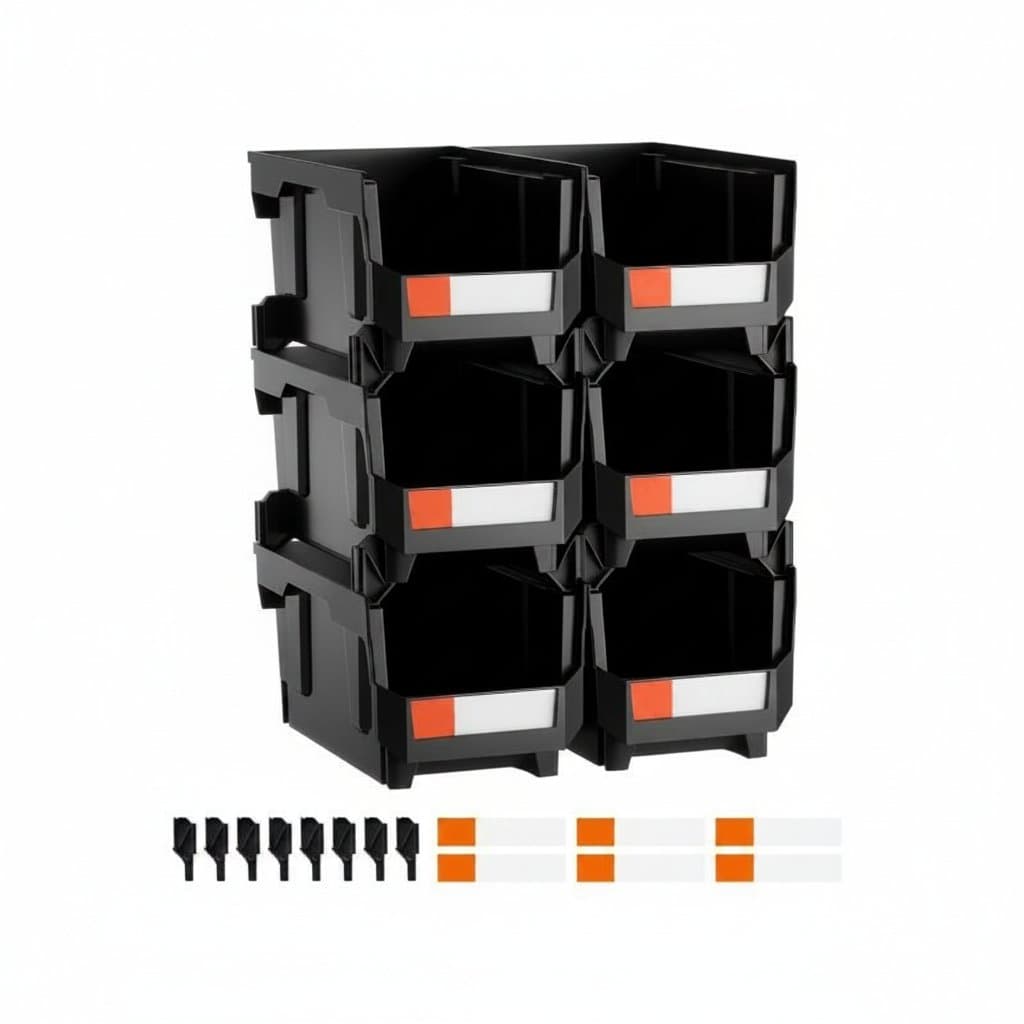 Six-pack of plastic stackable storage bins in transparent and black colors, for organizing small parts and closet accessories.