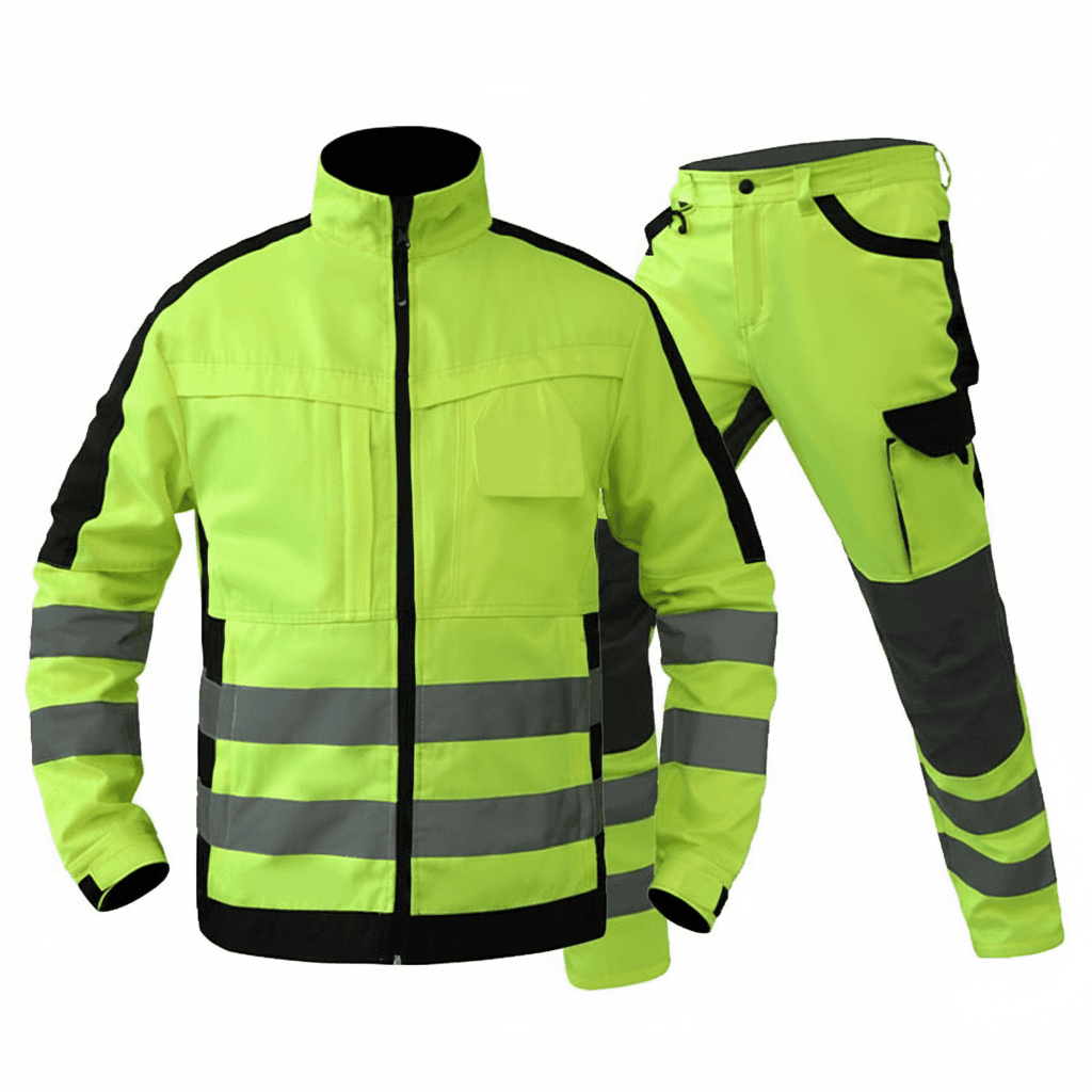 Hi Vis Jacket & Trousers Set on a clean white background.