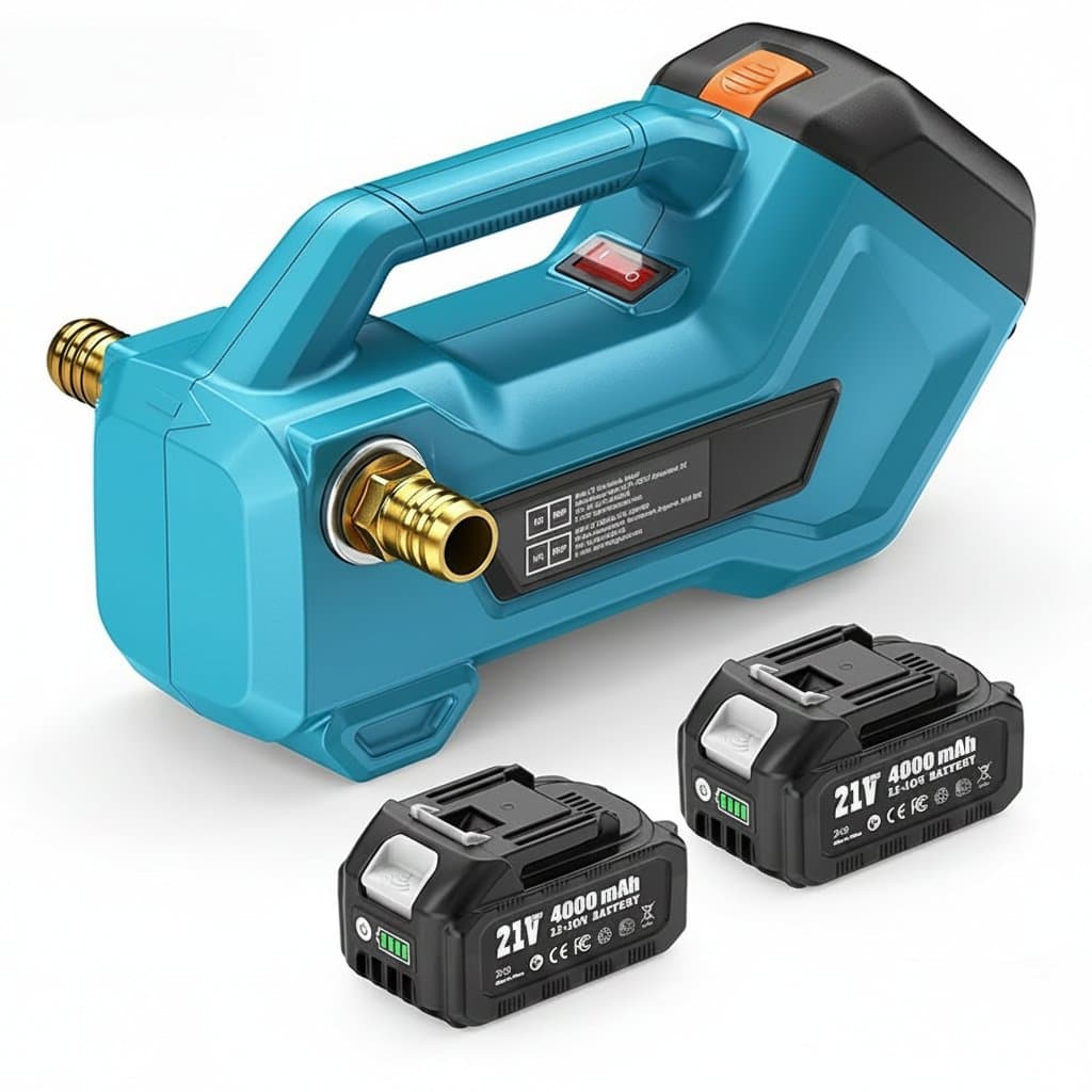Cordless transfer pump compatible with Makita 18V batteries for portable water and diesel transfer in garden, hot tub, and tank applications.
