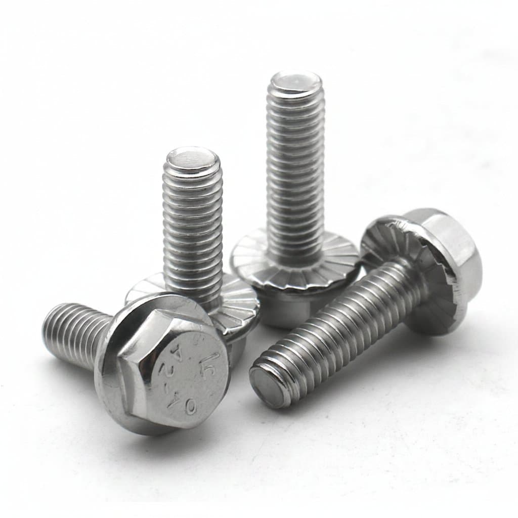 Assortment of A2-70 304 stainless steel flange head bolts with serrated washers, in sizes from M4 to M12.