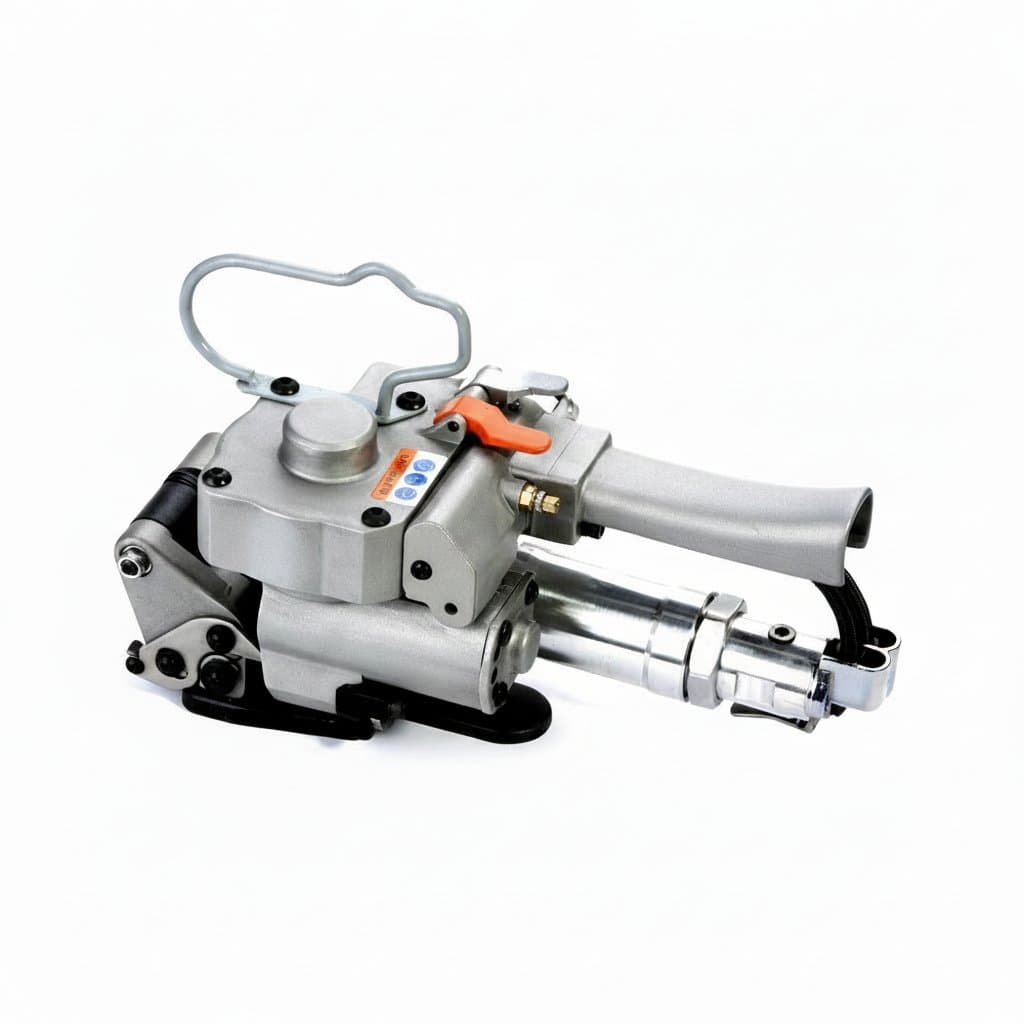 AQD19 portable strapping machine for handheld plastic banding, a pneumatic baler tool for packing and wrapping boxes.