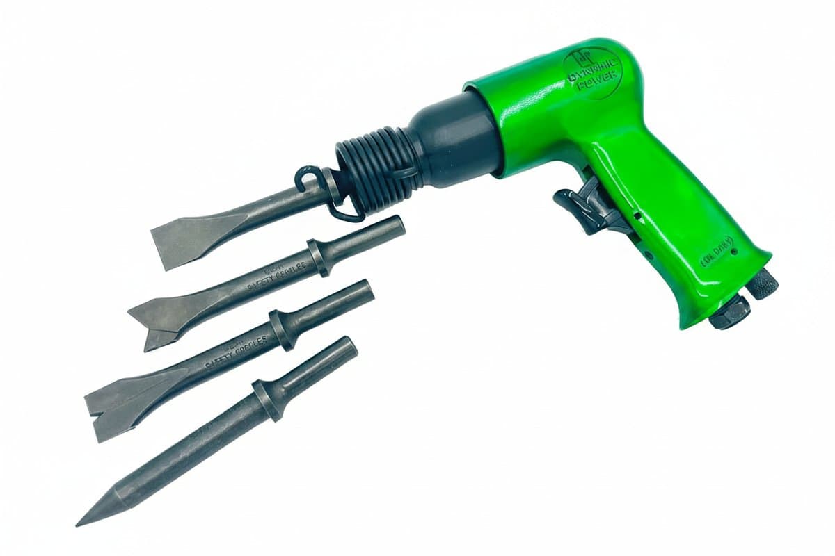 Short Barrel Air Hammer Kit with 4 chisels, featuring an alloy steel barrel and heat-treated piston for 4500 BPM impact in DIY projects.