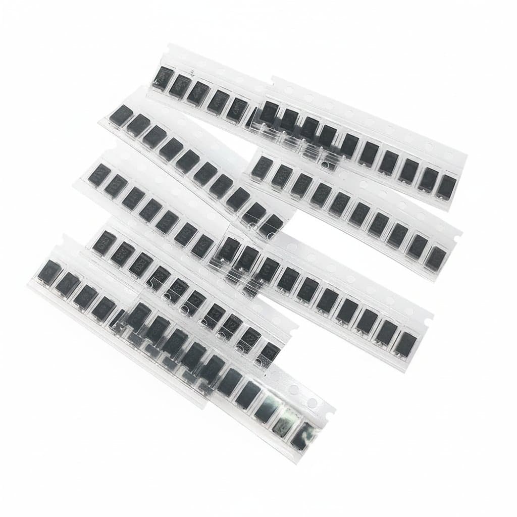Takefast 90-piece SMD diode kit with 1N4007, SS14, and other rectifier and Schottky diodes, organized in labeled compartments.