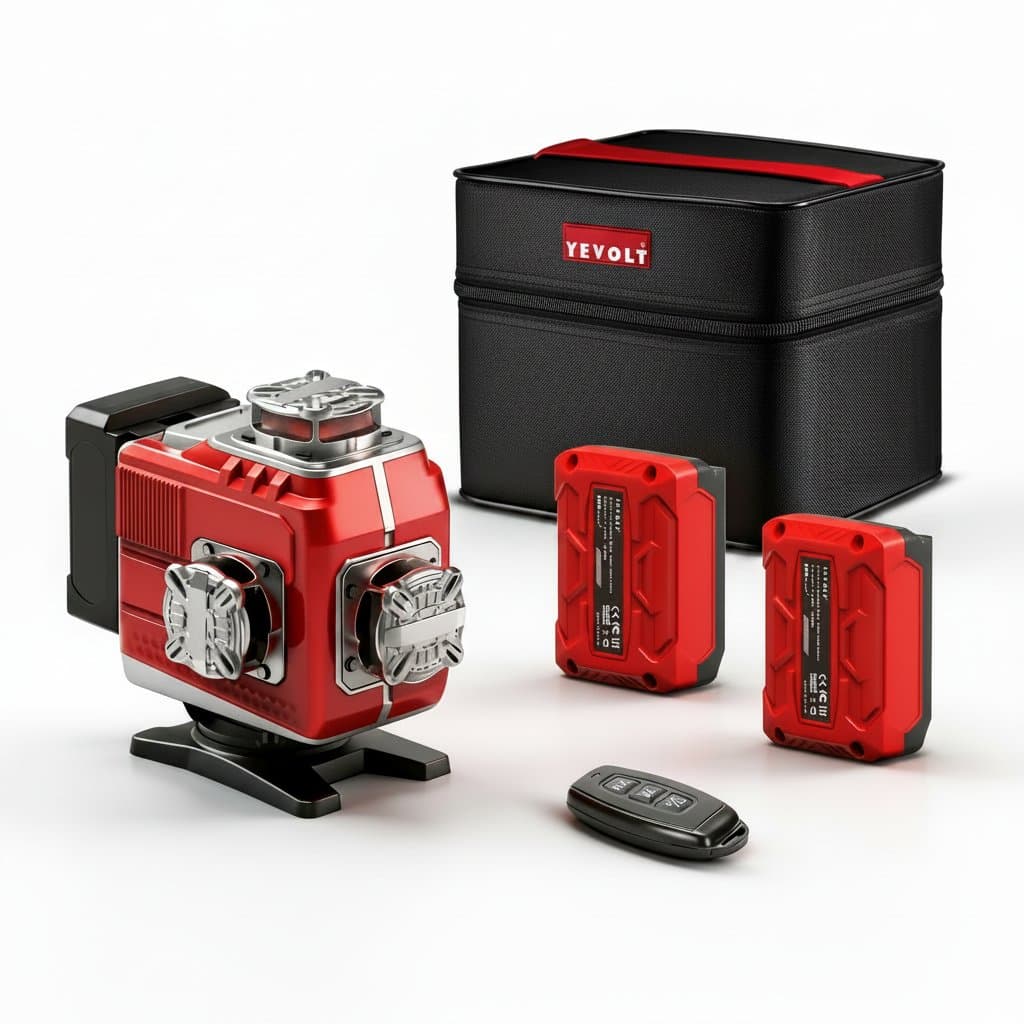 YEVOLT 16-line laser level with red or green beam options, 360° rotatable base, and touch panel operation. Includes power display for monitoring battery life.