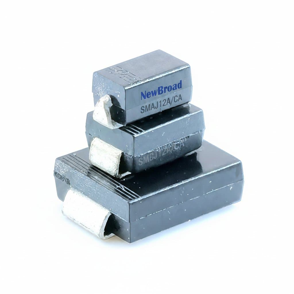10PCS SMD TVS Diode assortment including unidirectional SMAJ12A and bidirectional SMAJ12CA in DO-214A packages for circuit protection.