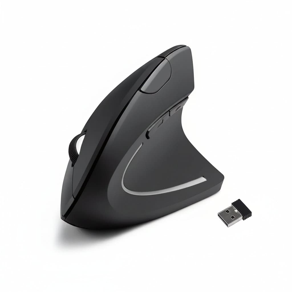 Delux M618ZD left-handed ergonomic wireless vertical mouse in black, featuring Bluetooth and 2.4GHz connectivity, rechargeable battery, and silent click buttons.