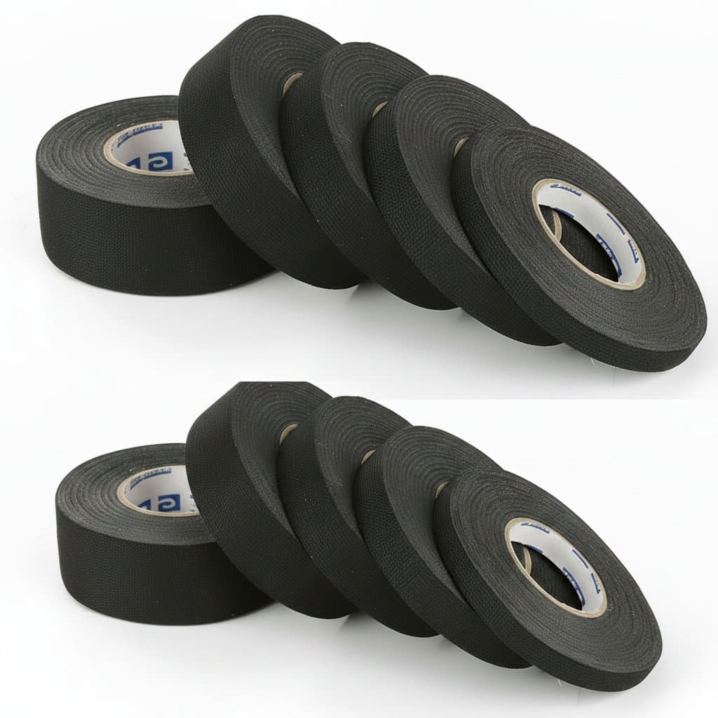 15-meter roll of heat-resistant adhesive cloth tape for automotive wiring harnesses and electrical cable protection.