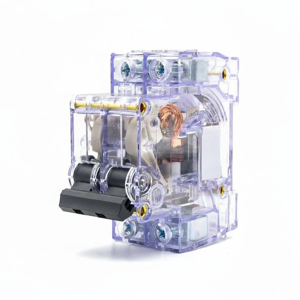 DZ47 2P transparent circuit breaker with visible internal mechanism, rated 16A-63A for overload protection on DIN rail.