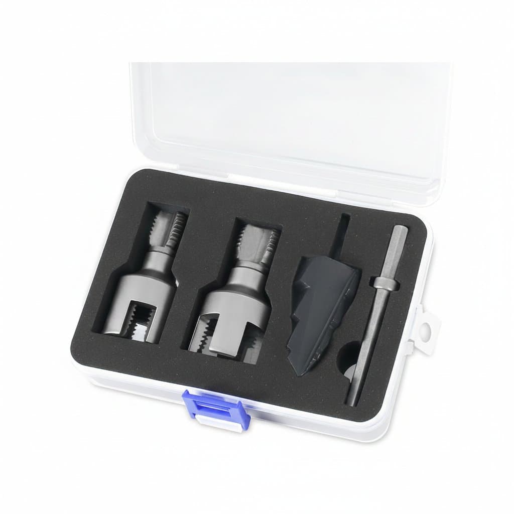 Multi-Function Pipe Threader and Drill Kit for 1/2-inch pipe, featuring internal and external threading tools and a triple-flute counterbore.