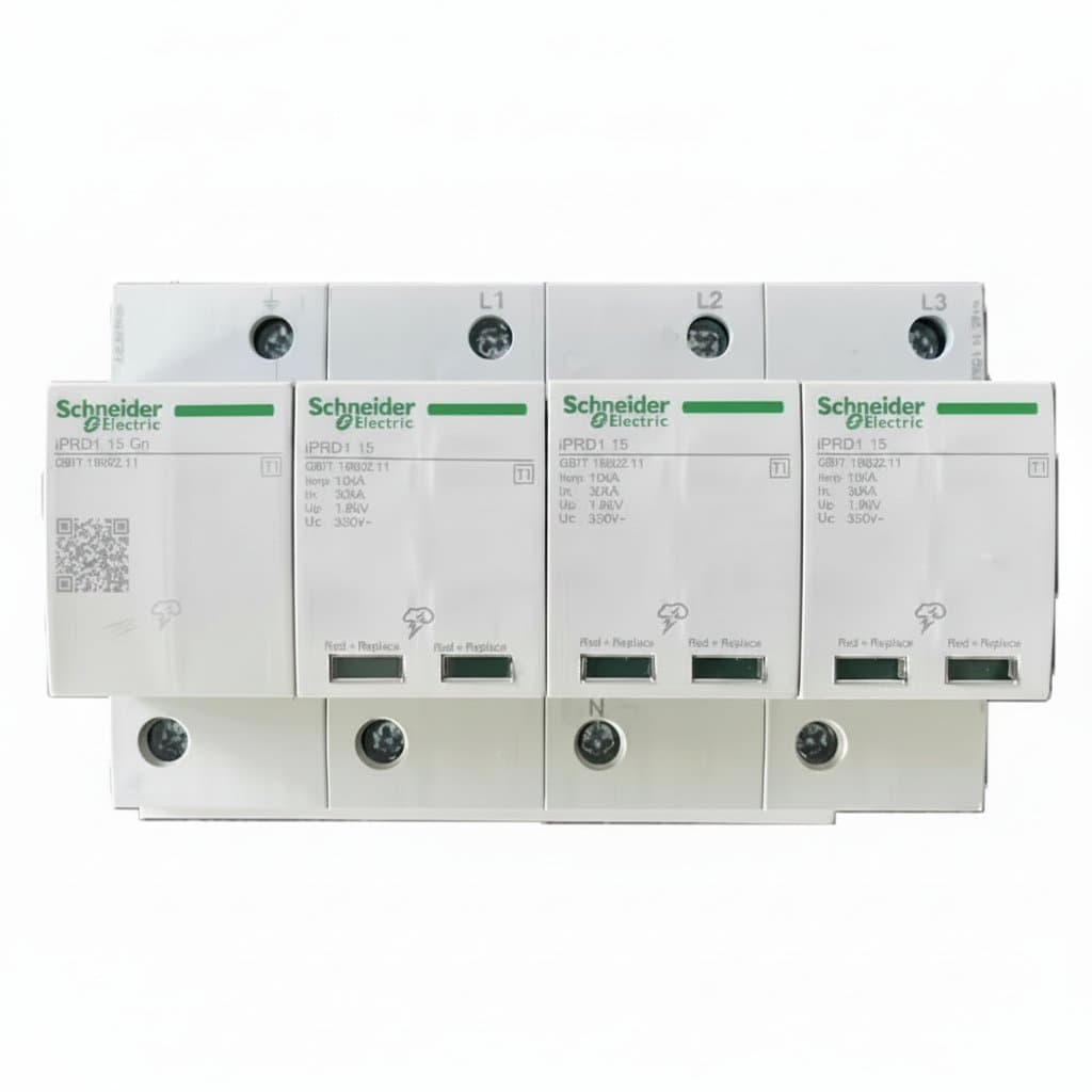 Schneider Electric IPRD1 T1 4P Class I Surge Protector mounted on a DIN rail, showing its compact design and terminal blocks.
