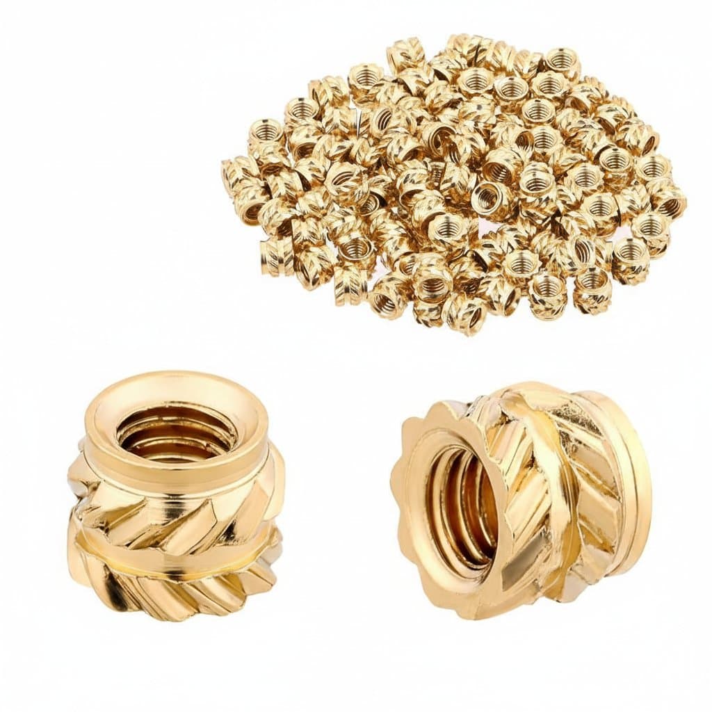 Assortment of M3x4x5 brass heat insert nuts with knurled exterior for 3D printer applications like Voron 2.4, used to create durable threaded connections in plastic parts.