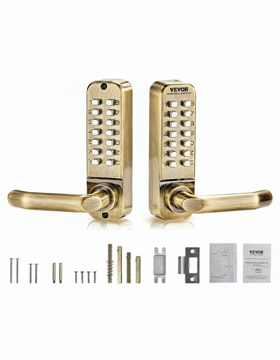 Mechanical keypad door lock with a 14-key pad and double-sided handle. A keyless entry solution for exterior or interior doors.