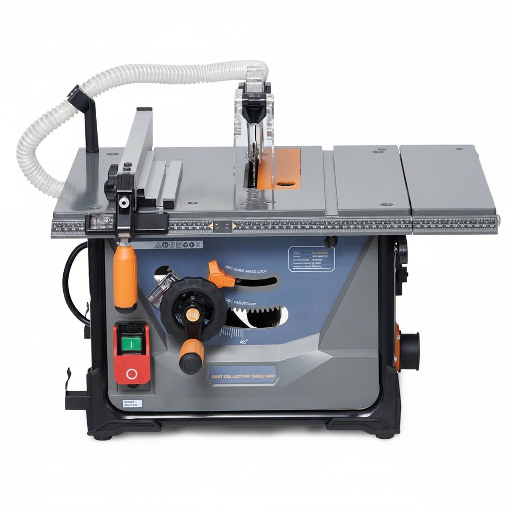 Professional 2000W table saw with integrated vacuum system, showing high-precision blade and sturdy metal table for woodworking.