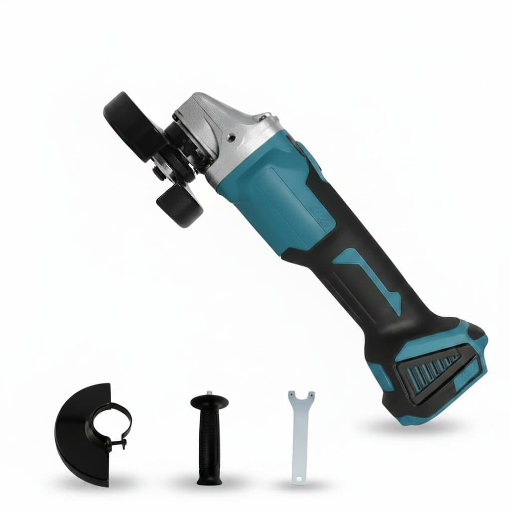 Makita DGA404 18V cordless angle grinder with battery, showing its brushless motor and 100-125mm cutting disc.