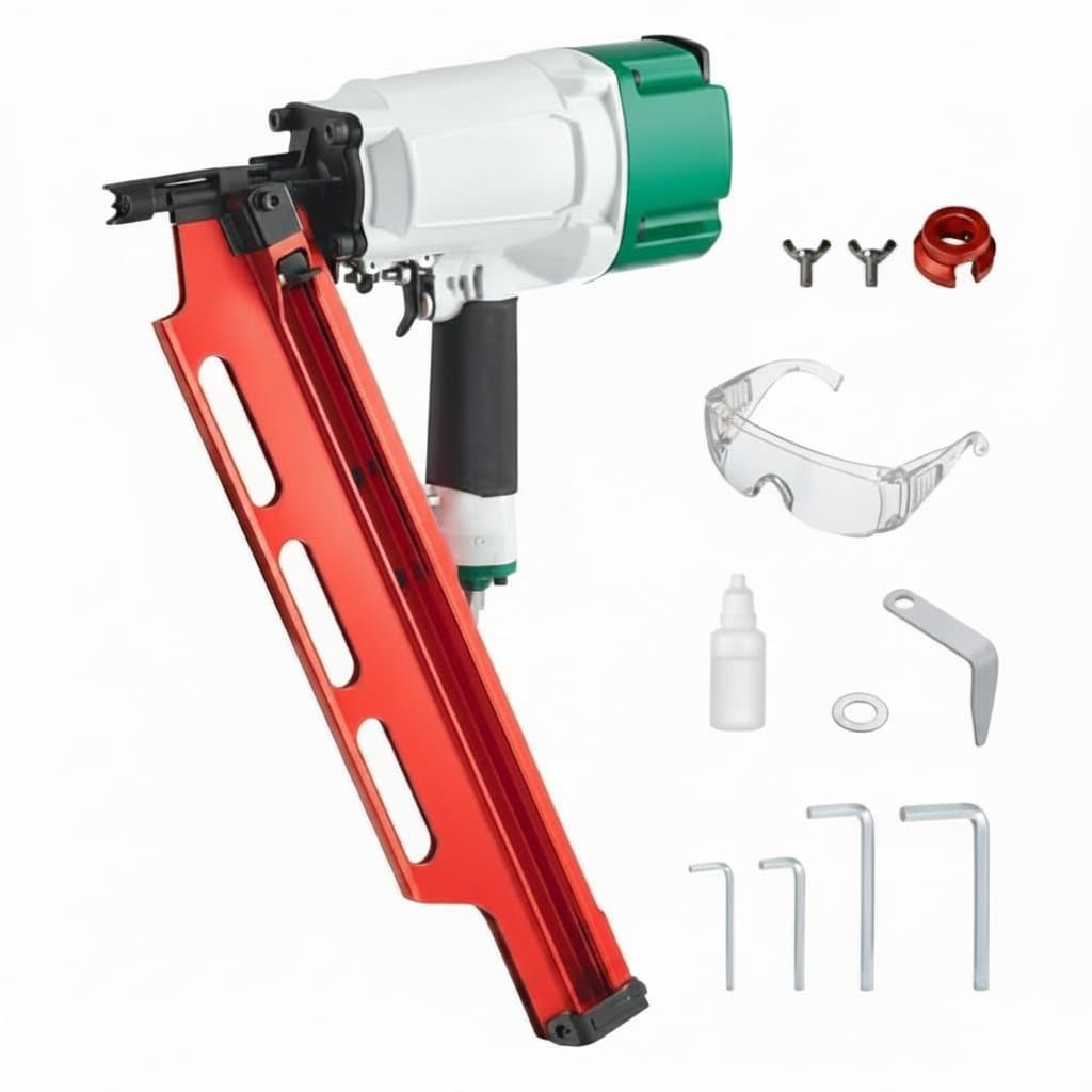 High-speed pneumatic framing nailer with 21-degree aluminum magazine for rapid wooden house building and construction.