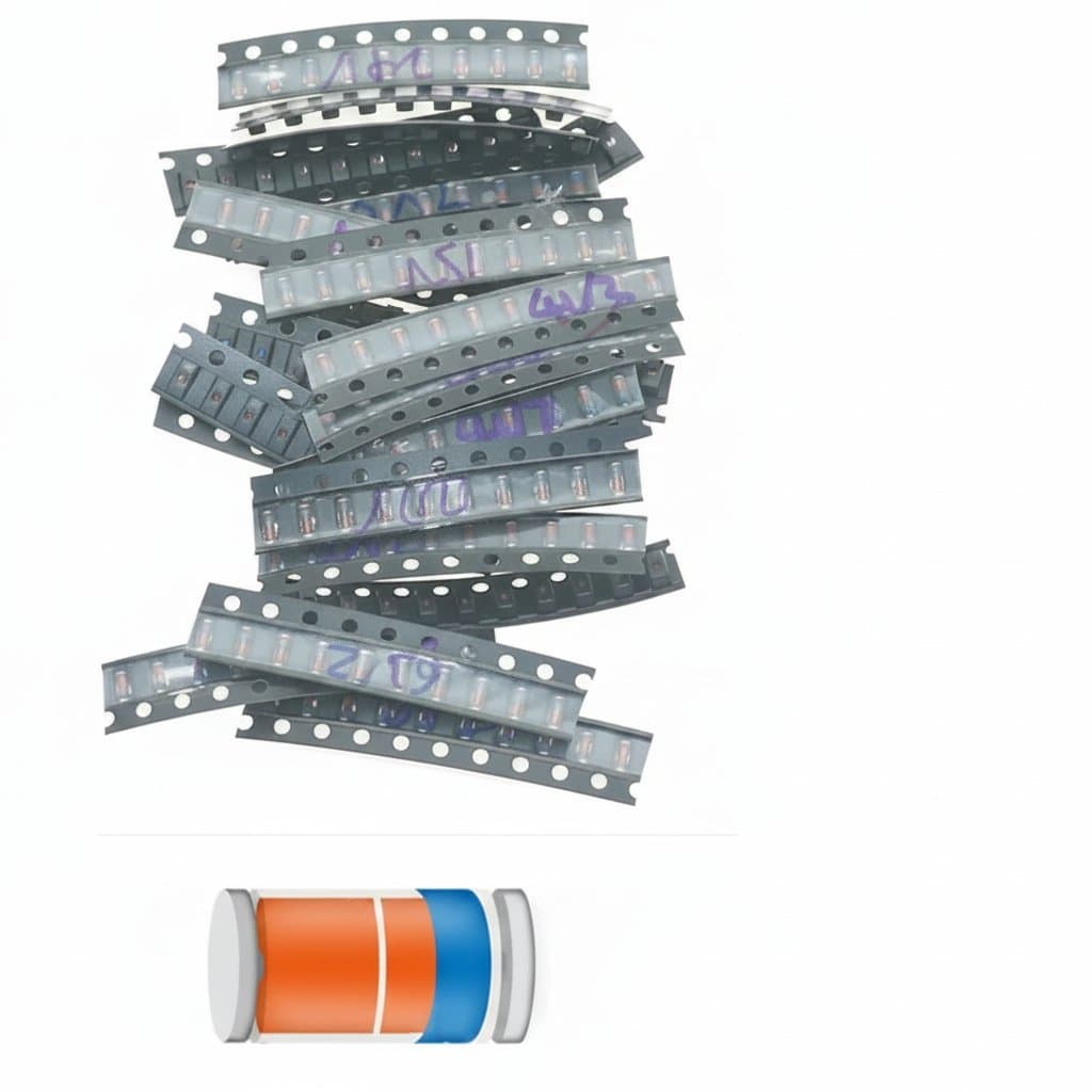 Assorted kit of fast switching Zener and Schottky diodes including 1N4007, 1N5819, and 1N4148, organized in a labeled sample book for electronics projects.