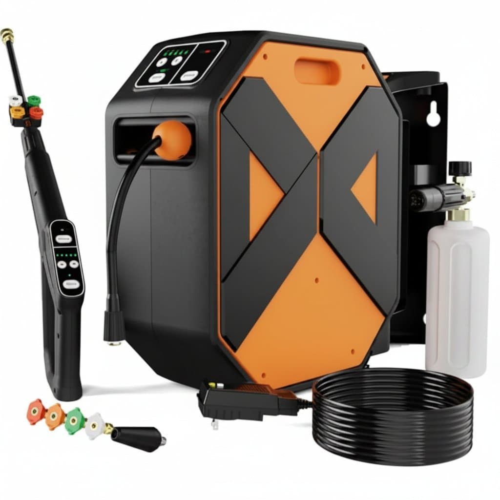 Wall-mounted pressure washer station with a 100-foot retractable hose, foam cannon, five nozzles, and five-stage adjustable pressure for car washing.