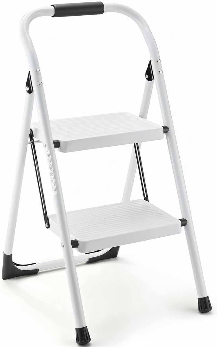 A 2-step folding ladder stool with 330lb capacity, featuring anti-slip wide pedals for safe use in home, kitchen, and office environments.