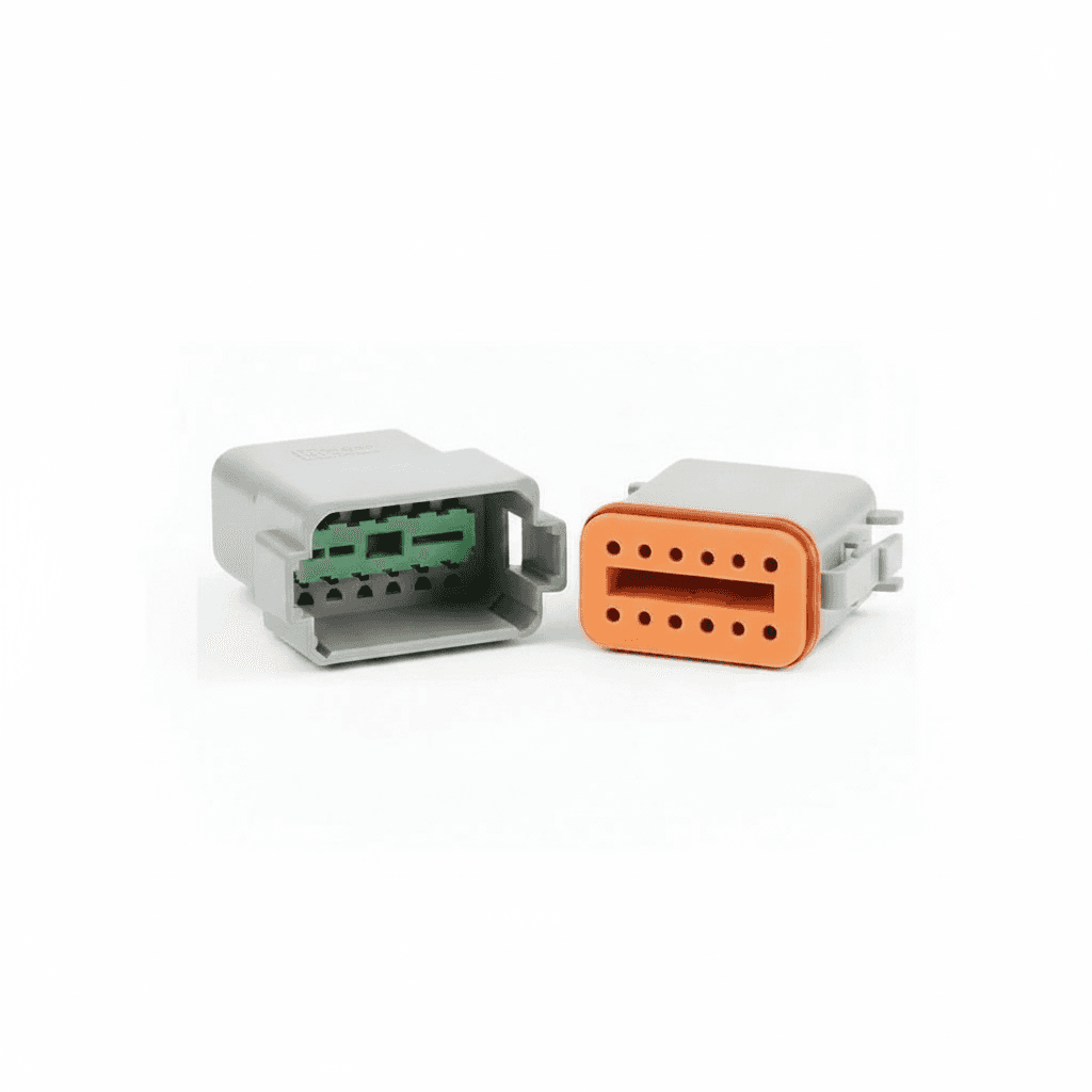 Deutsch DT series waterproof electrical connector with 2 to 12 pins, featuring a durable metal flange mount for automotive and industrial wiring harnesses.